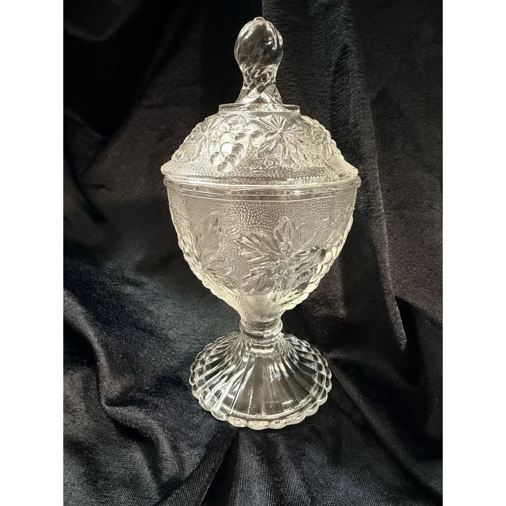 EAPG Clear SANDWICH Glass Lidded Compote On Pedestal‎ w/Grape Design (2611)